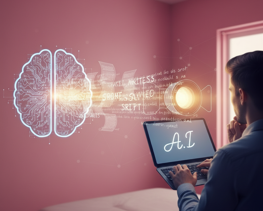 Entrepreneur utilisant l'IA pour générer des scripts vidéo sur ordinateur.