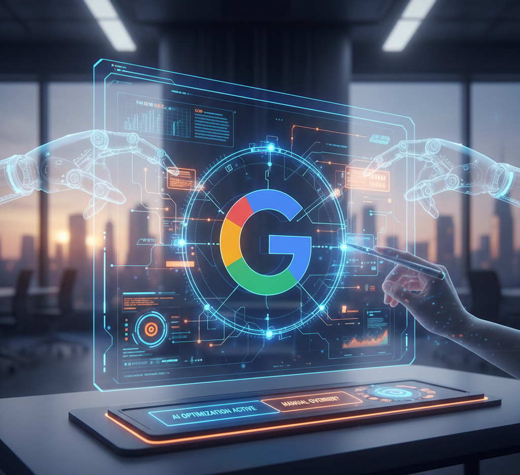 Interface holographique futuriste avec logo Google et optimisation IA active.