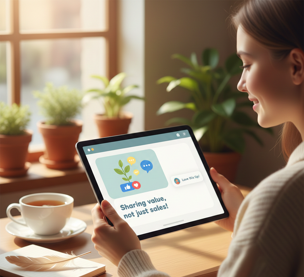 Une femme sourit en regardant une tablette affichant un message de contenu engagé.
