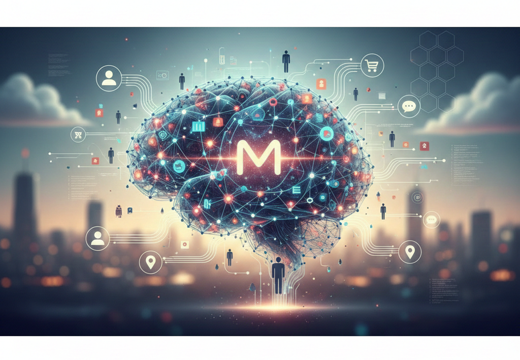 Cerveau numérique connecté avec la lettre M au centre.