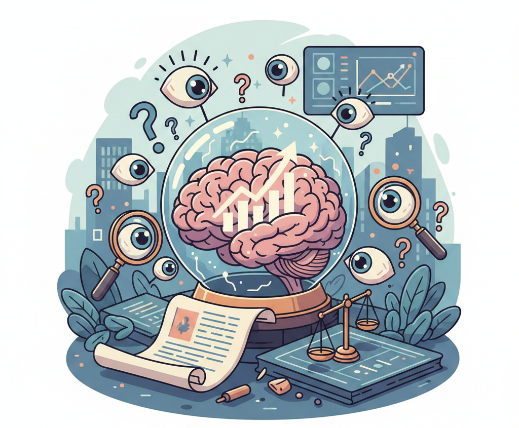 Illustration d'un cerveau sous cloche entouré d'yeux, de loupes et d'une balance.
