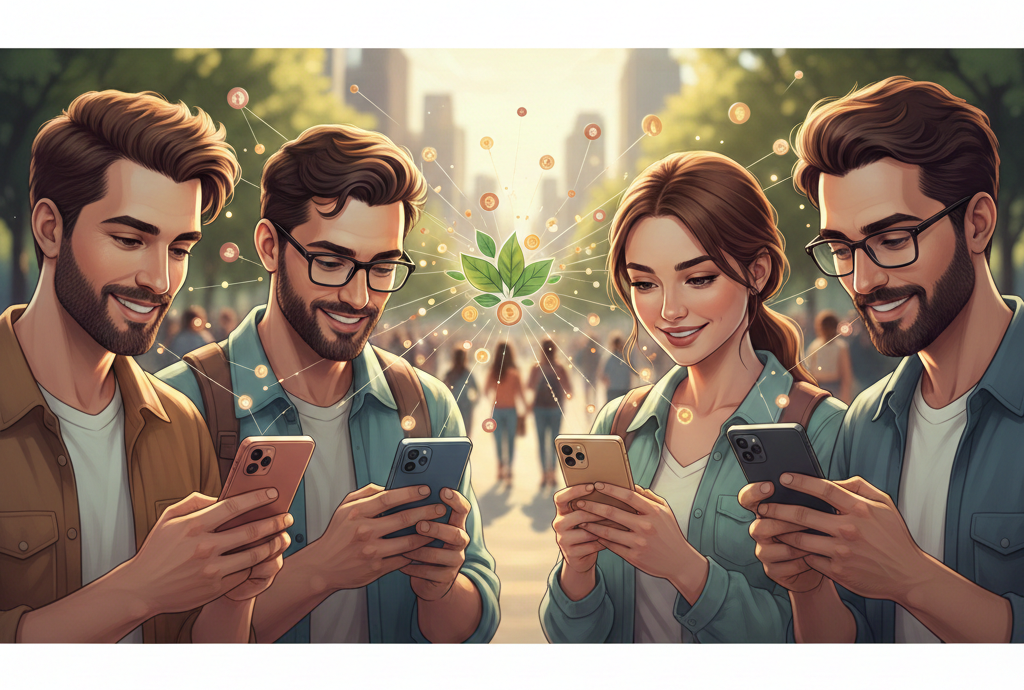 Illustration de jeunes adultes souriants utilisant leurs smartphones dans une rue ensoleillée.