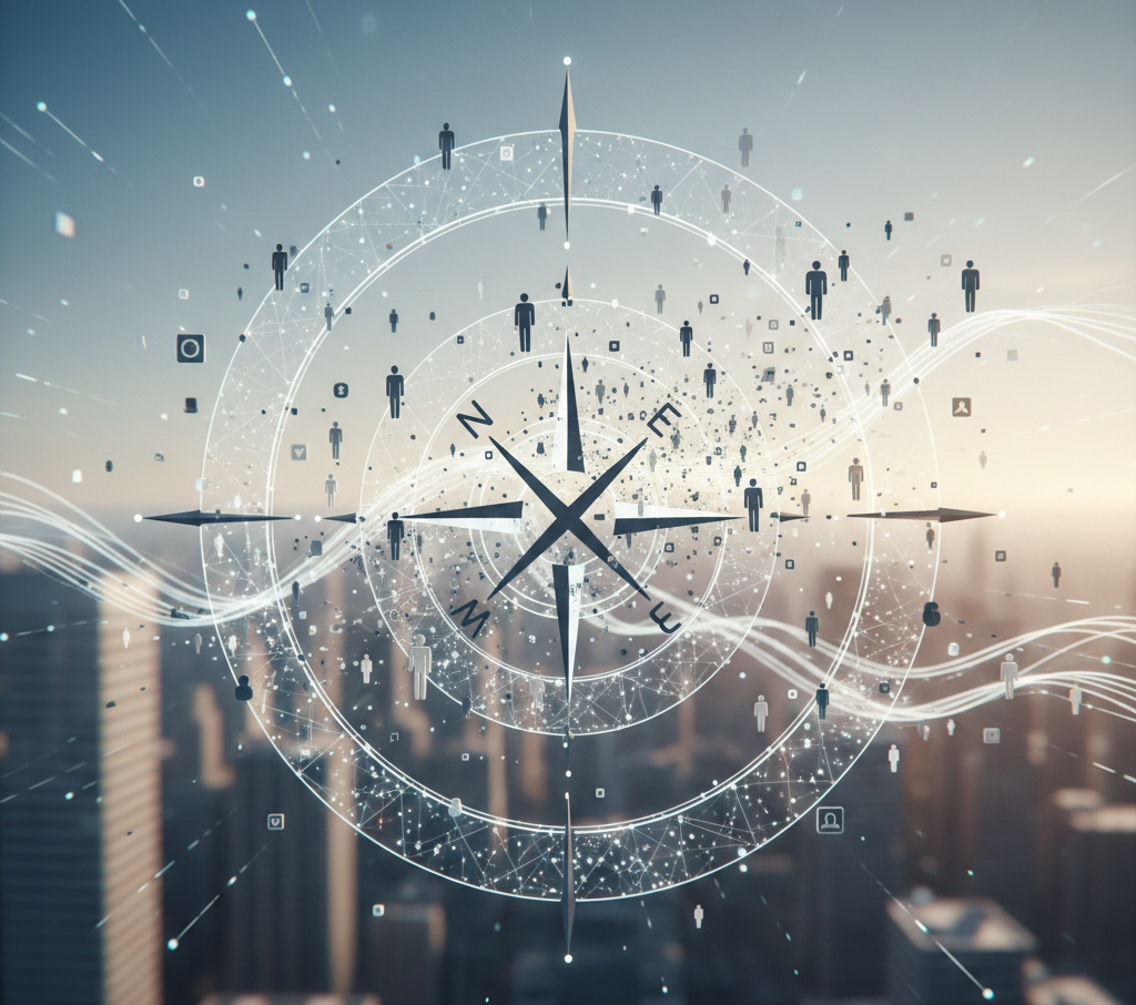 Boussole numérique holographique guidant des silhouettes humaines vers une ville.