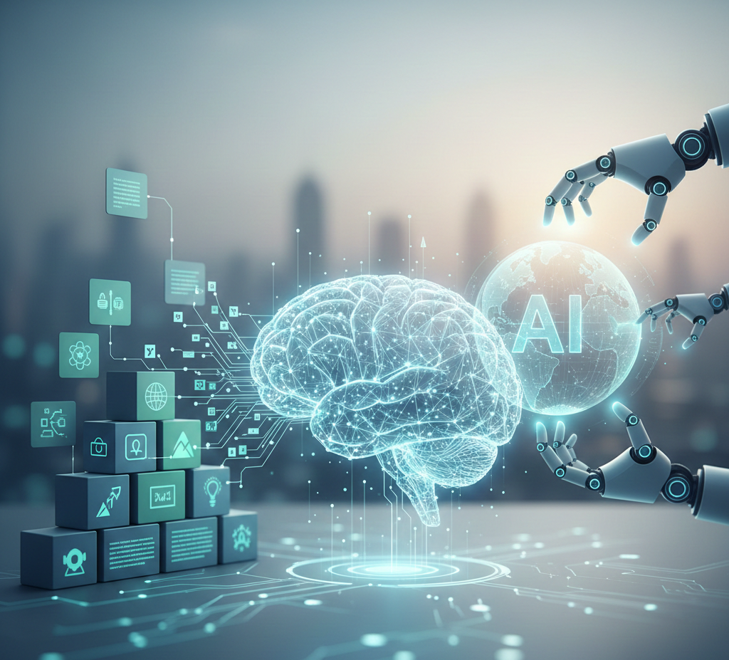 IA globale reliant cerveau numérique, données et mains robotiques.