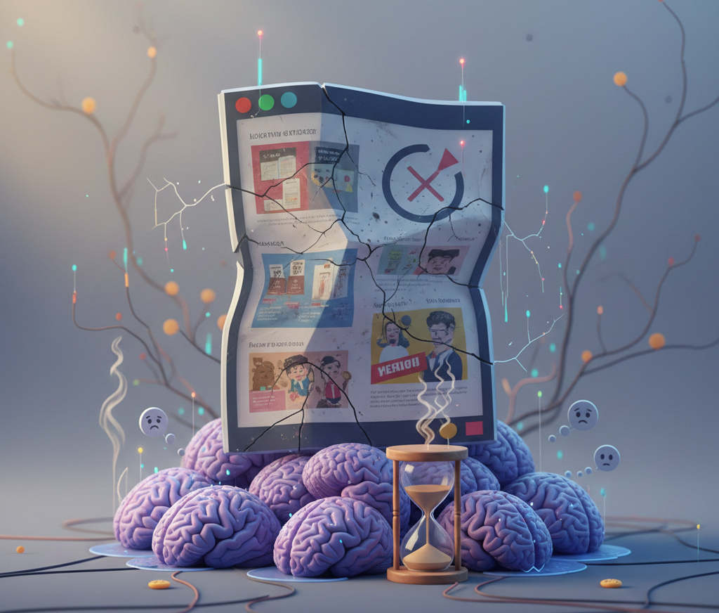 Illustration d'un écran fissuré sur un tas de cerveaux.