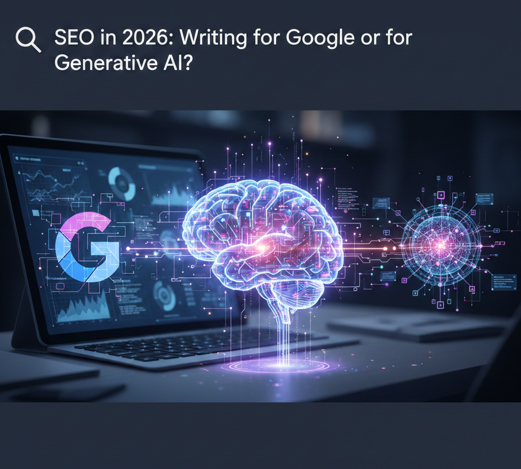 Cerveau holographique connecté à un écran affichant des données SEO et le logo Google.