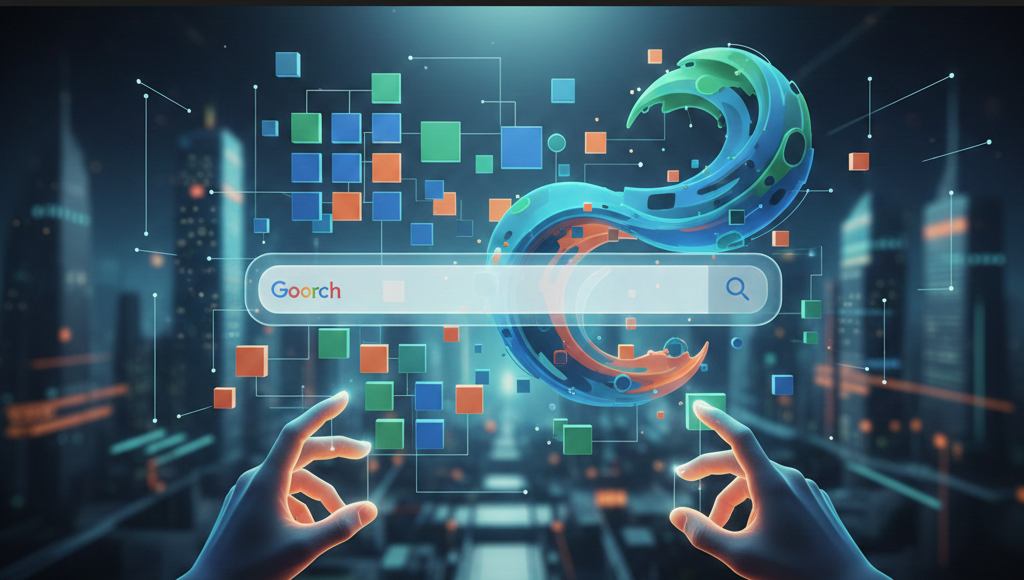 Interface numérique futuriste avec barre de recherche et cubes flottants.