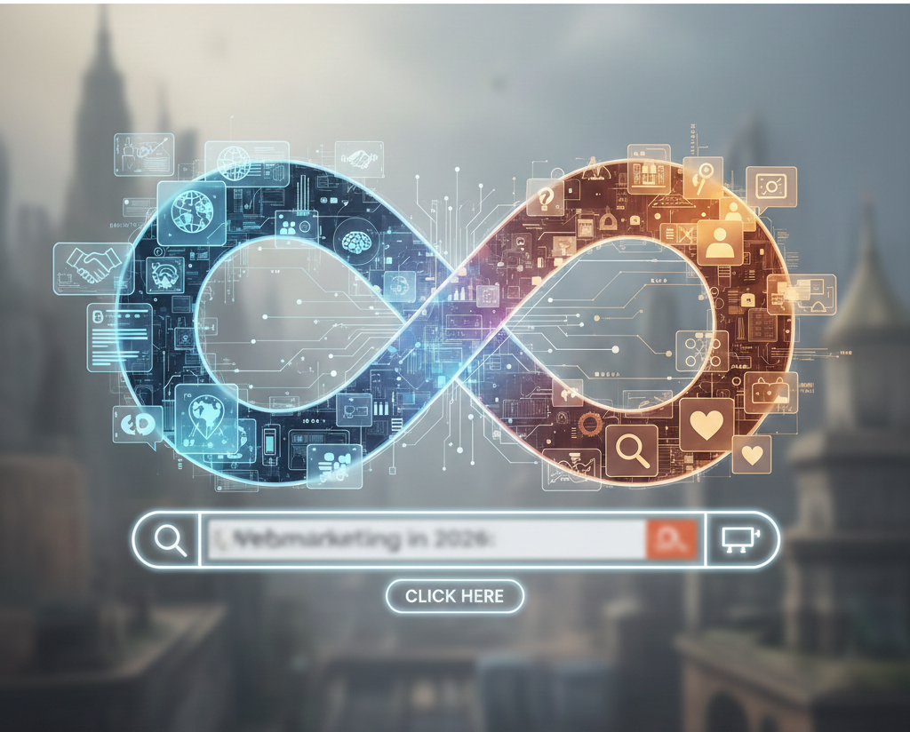 Symbole de l'infini technologique surplombant une barre de recherche « Webmarketing in 2026 ».