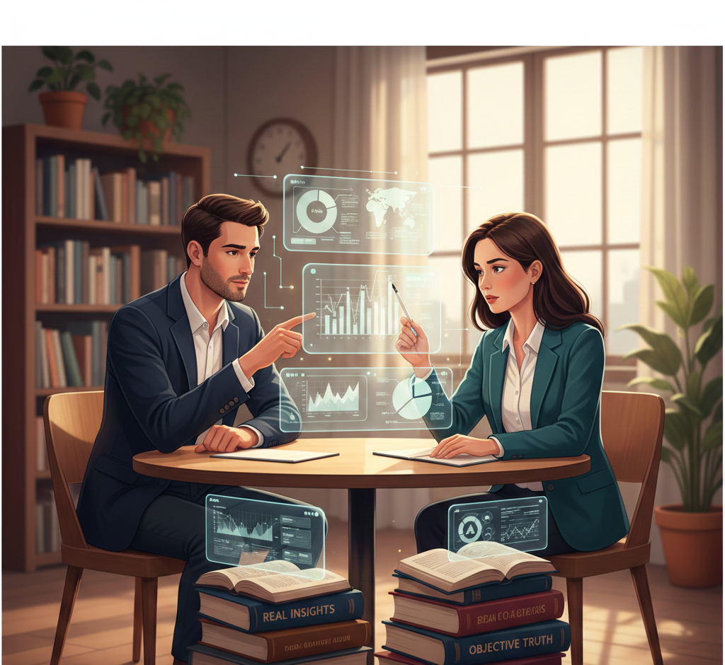 Deux professionnels analysant des graphiques holographiques au-dessus de livres intitulés « Real Insights ».