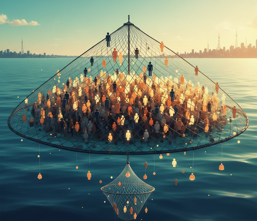 Filet de pêche géant capturant une foule au-dessus de l'océan.