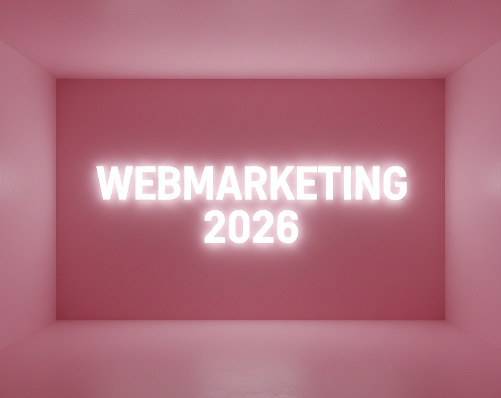 Enseigne néon blanche « WEBMARKETING 2026 » dans une pièce minimaliste rose.