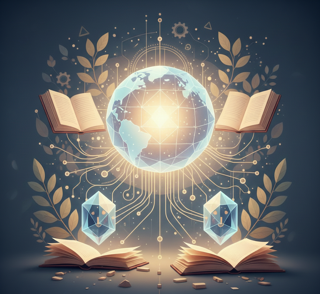 Planète Terre lumineuse connectée à des livres ouverts et cristaux.