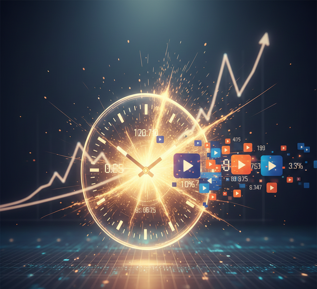 Horloge lumineuse explosant avec des icônes vidéo et graphiques ascendants.