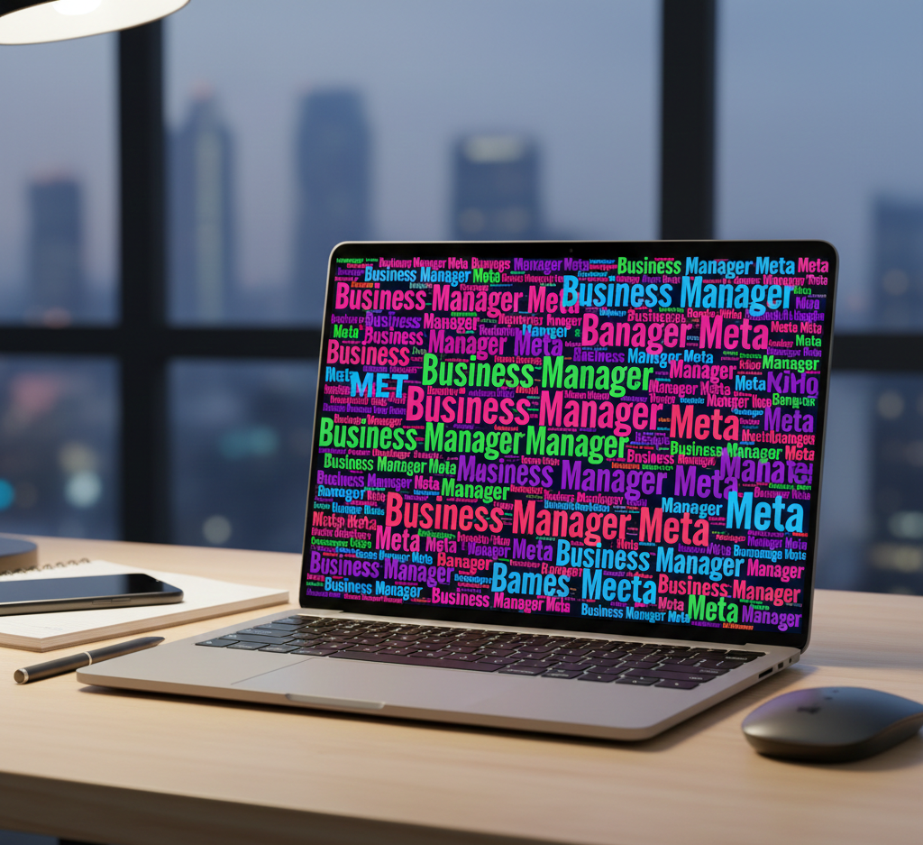 Ordinateur portable affichant un nuage de mots « Business Manager Meta ».