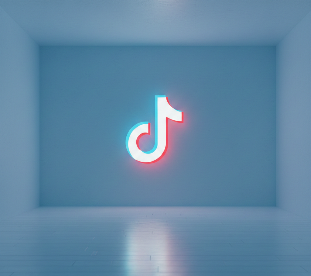 Logo TikTok lumineux sur un mur dans une pièce épurée.