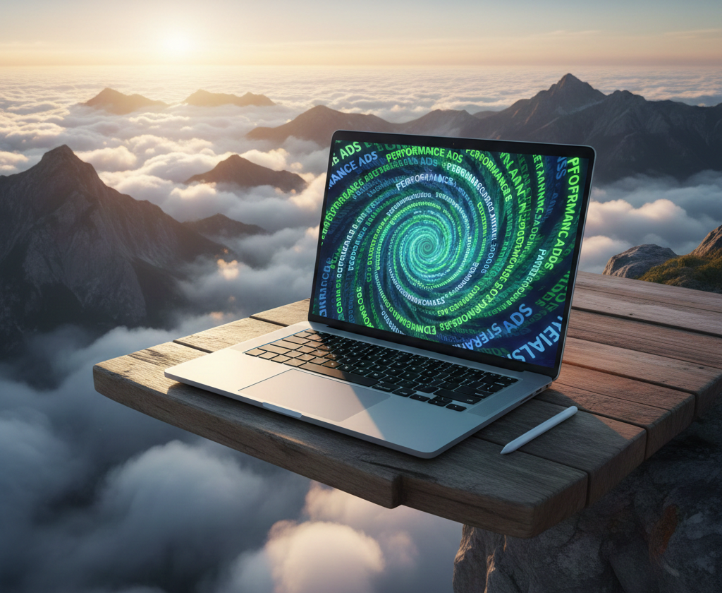 Ordinateur portable sur une falaise affichant une spirale de mots « Performance Ads » au-dessus des nuages.