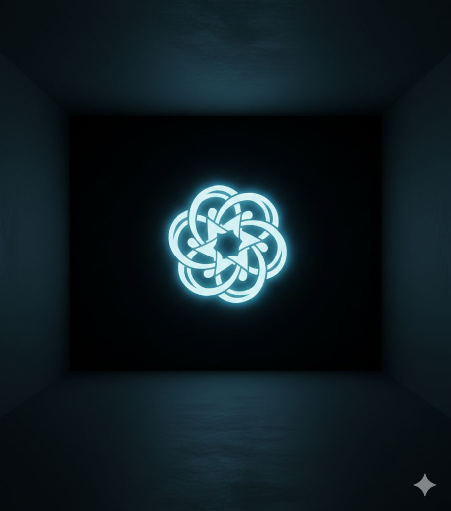 Un logo néon bleu brillant au centre d'une pièce sombre.