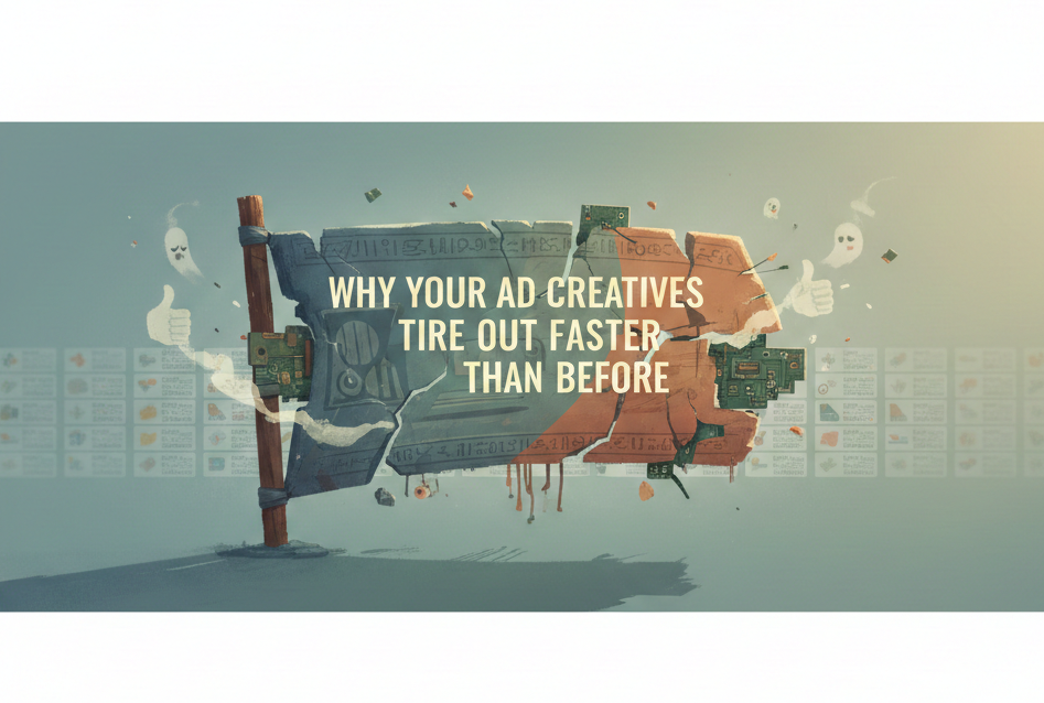 Une bannière illustrée traitant de l'usure rapide des créations publicitaires.