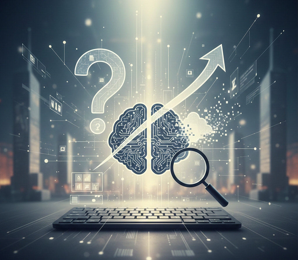 Cerveau numérique, flèche ascendante et loupe sur un clavier.