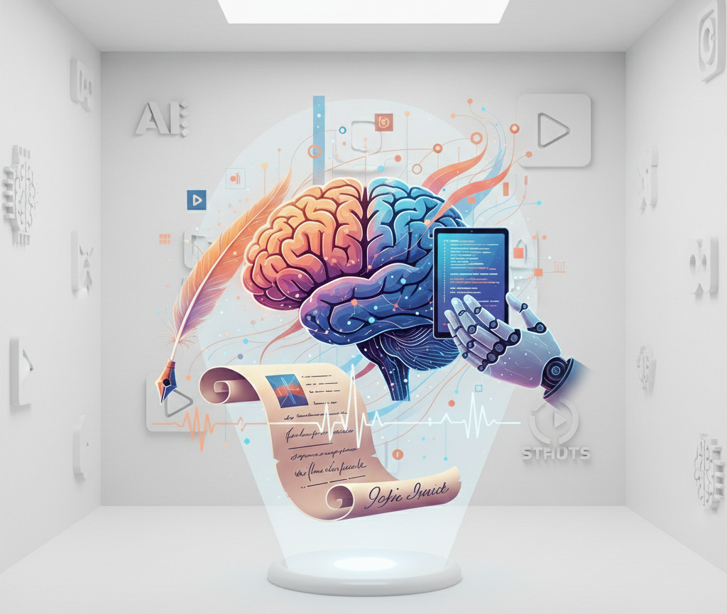 Cerveau holographique mêlant créativité et intelligence artificielle dans une galerie blanche.