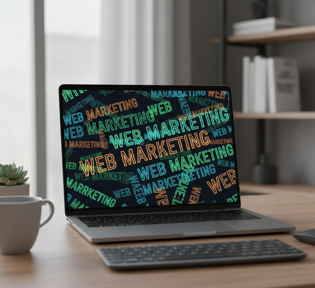 Ordinateur portable affichant un nuage de mots « WEB MARKETING ».