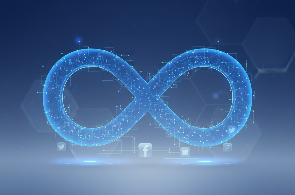 Symbole de l'infini numérique bleu entouré d'icônes de réseaux sociaux.