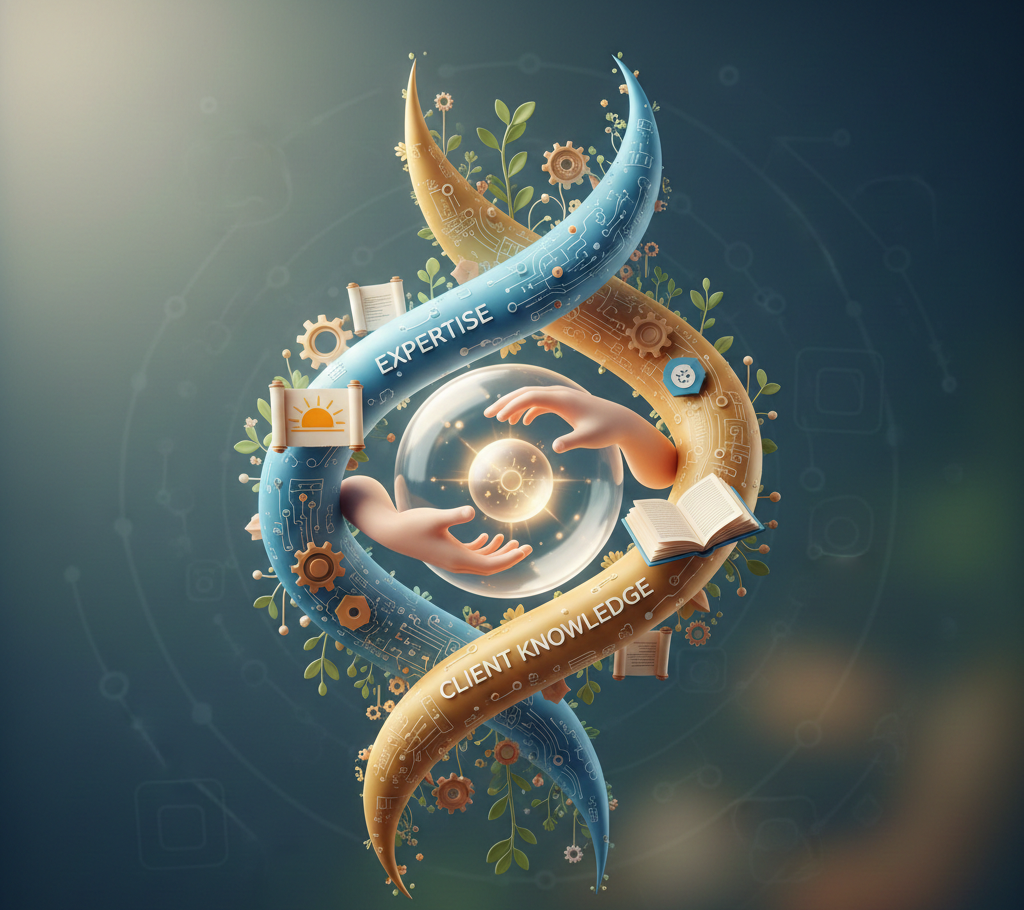 Mains entourant une sphère entre « Expertise » et « Client Knowledge ».