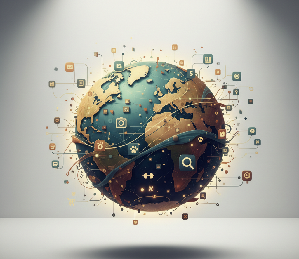 globe terrestre connecté par un réseau d'icônes numériques mondiales.