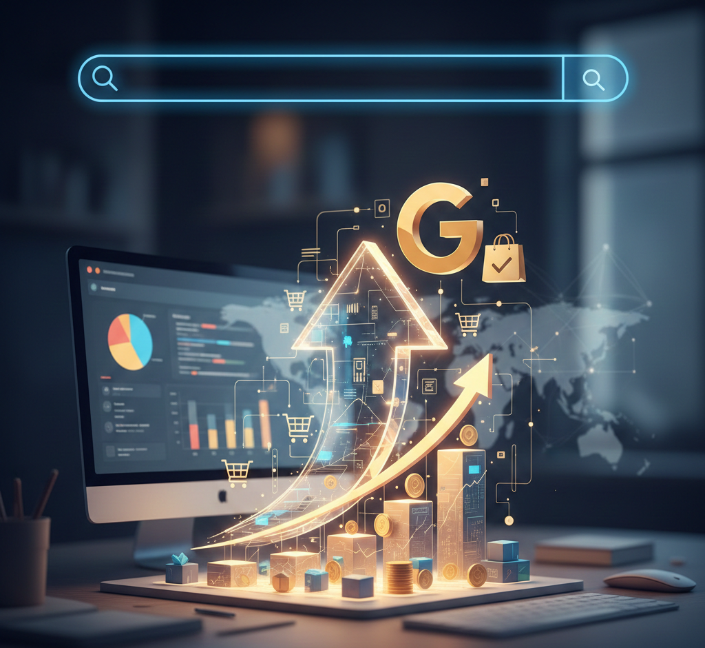 graphique de croissance dorée s'élevant d'un bureau numérique.