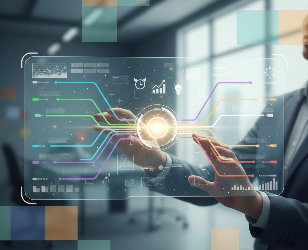 homme d'affaires manipulant une interface de données holographique colorée.