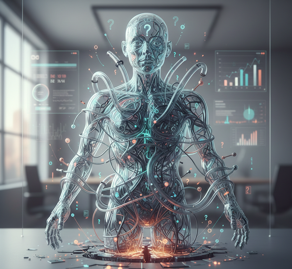 humanoïde de câbles et données entouré d'écrans de statistiques.