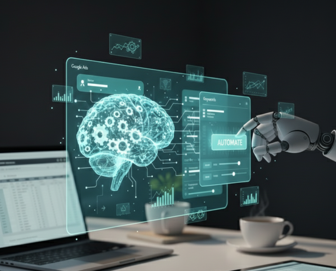 Photo montrant les règles google ads via une interface futuriste.