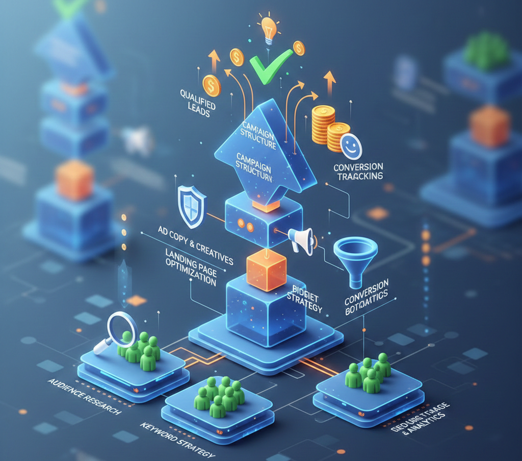 infographie 3d illustrant une stratégie de marketing digital complète.