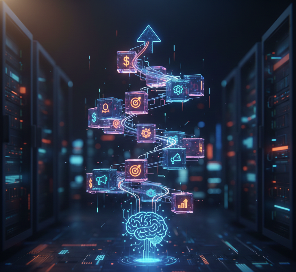 intelligence artificielle optimisant des données marketing dans un serveur.