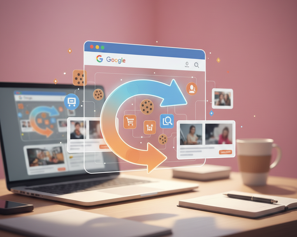 interface de reciblage publicitaire avec flèches circulaires et cookies.