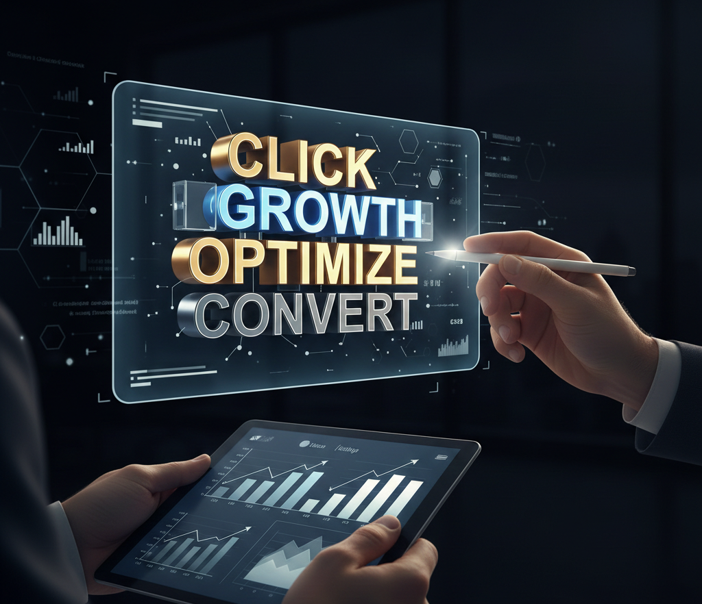 interface holographique affichant les mots click, growth, optimize, convert.
