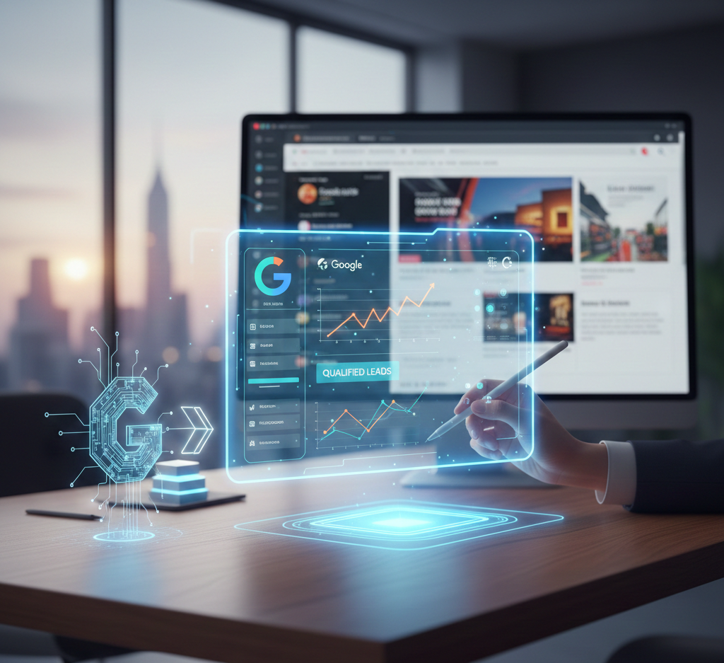 interface holographique google affichant des graphiques de prospects qualifiés.