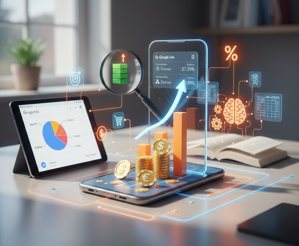 interface mobile 3d analysant les revenus et données google ads.