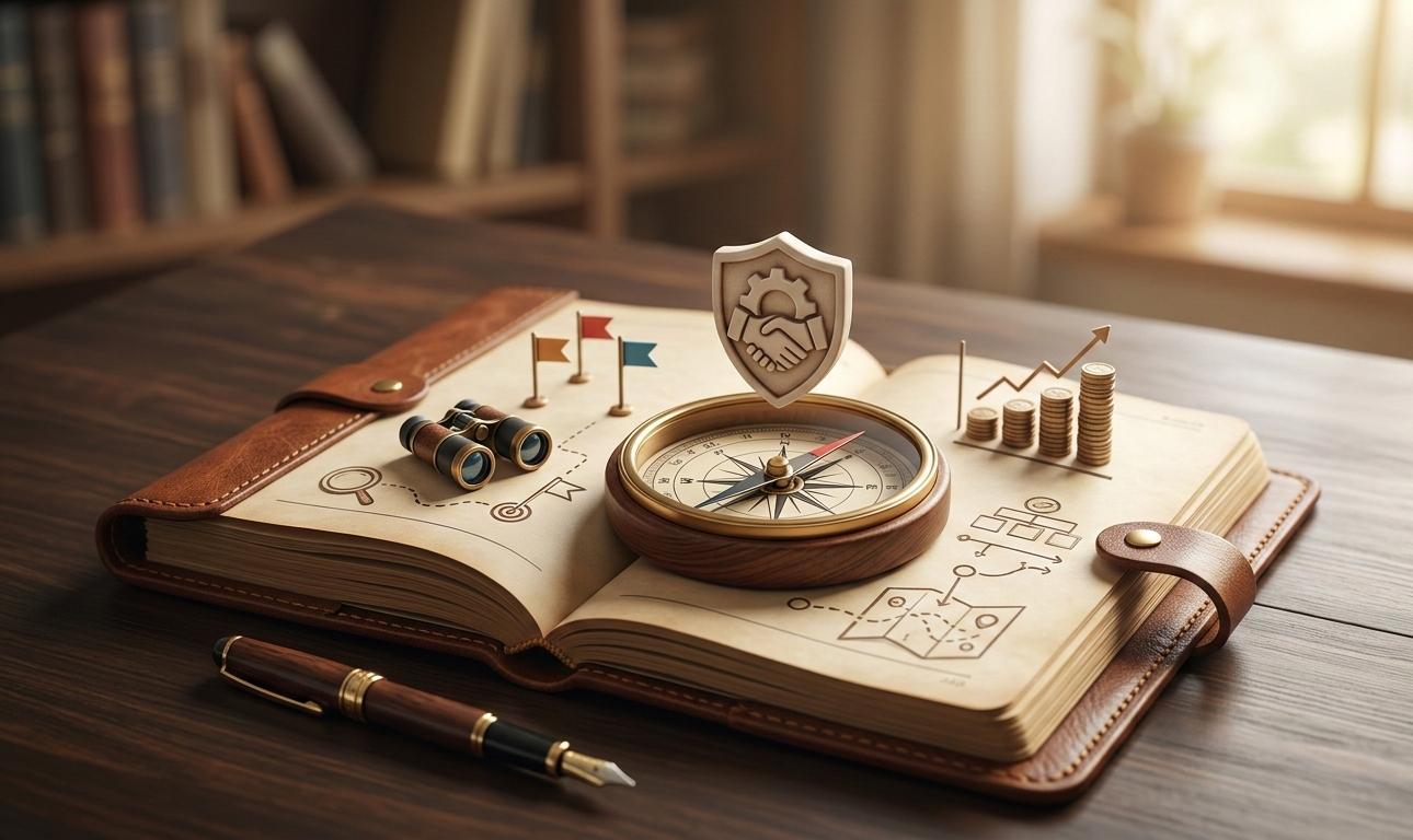 livre ouvert avec boussole, graphiques et icône de bidding sécurisé.