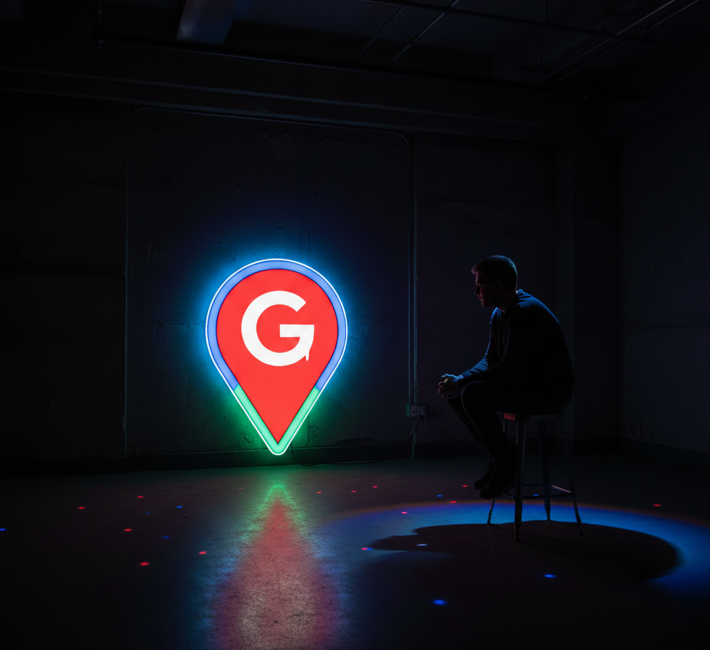 logo google maps lumineux éclairant un homme dans l'obscurité.