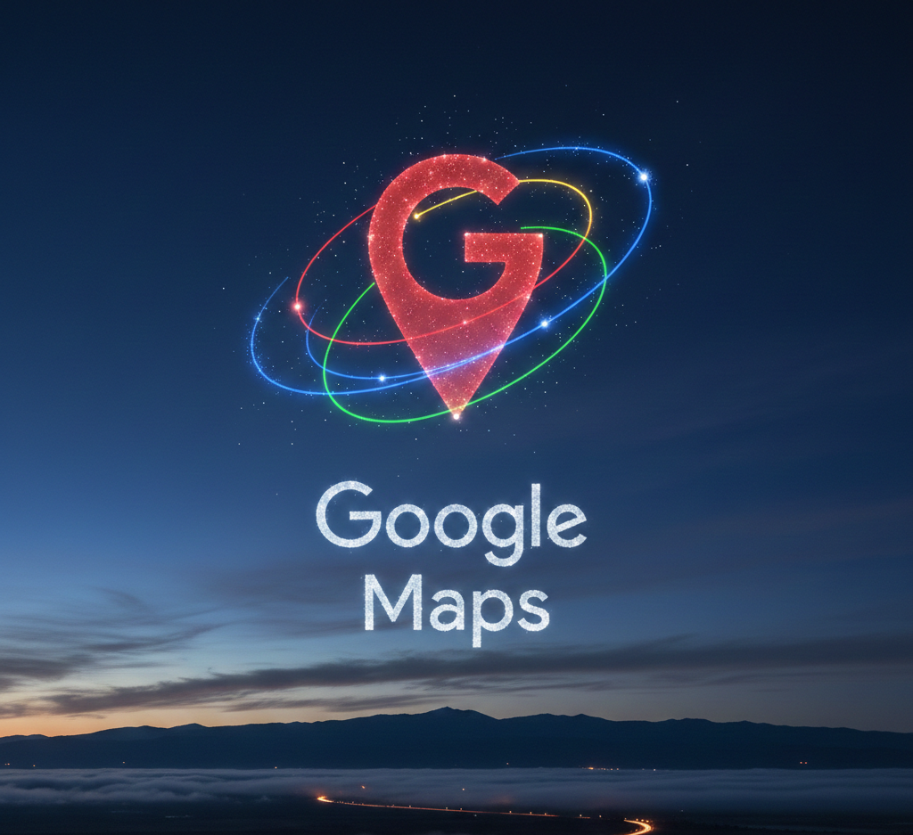 logo google maps scintillant au dessus d'une route nocturne.
