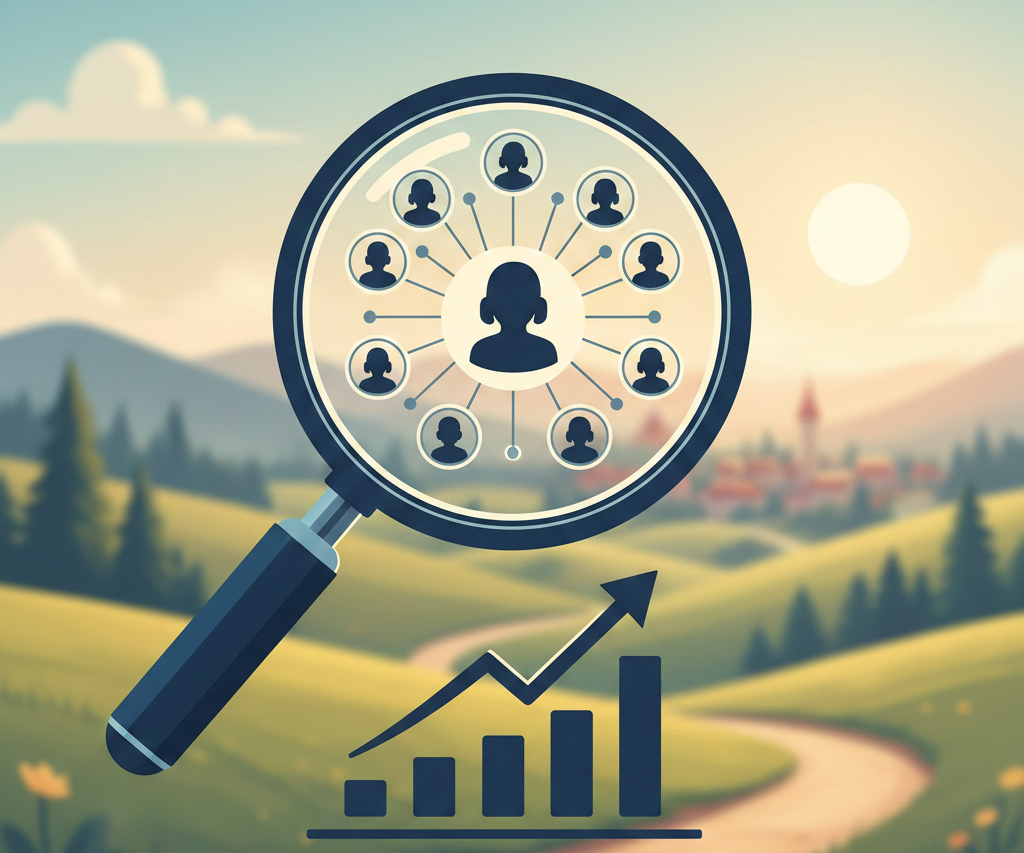 loupe analysant une audience cible devant un paysage rural.