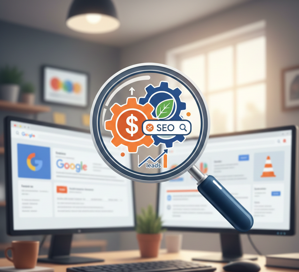 loupe sur des engrenages liant budget et stratégie seo.