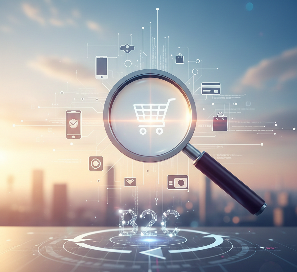 loupe sur un panier d'achat avec l'inscription holographique b2c.