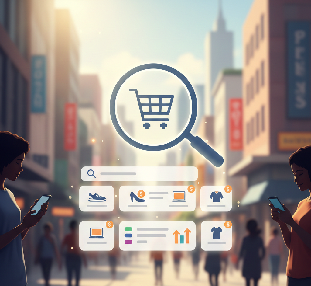 loupe sur un panier d'achat flottant dans une rue.