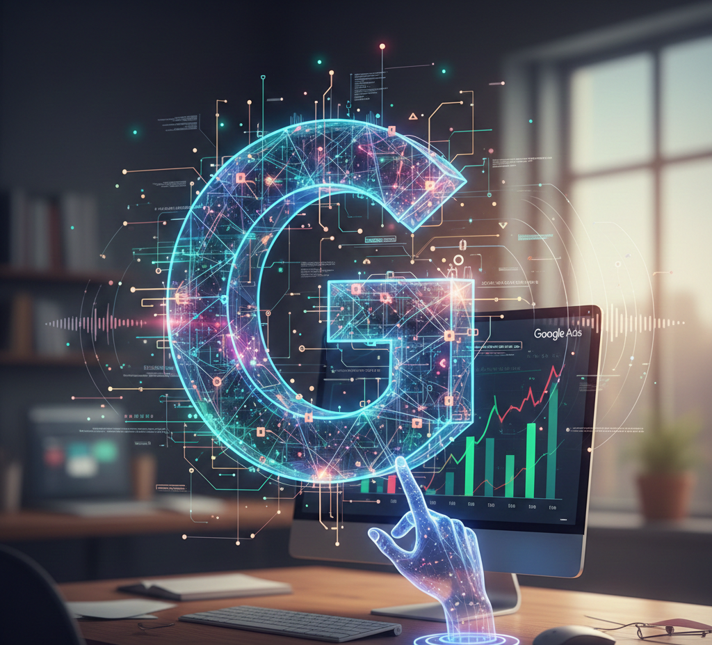 main holographique pointant un grand g lumineux devant un ordinateur.