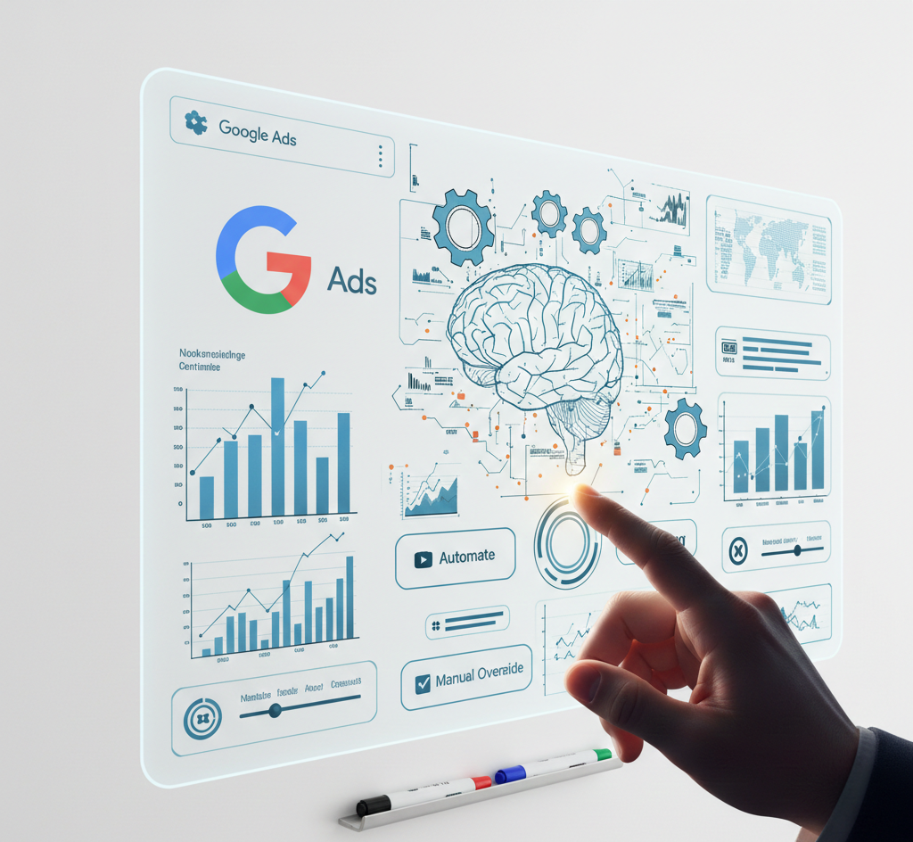 main pointant une interface google ads avec cerveau et automatisation.