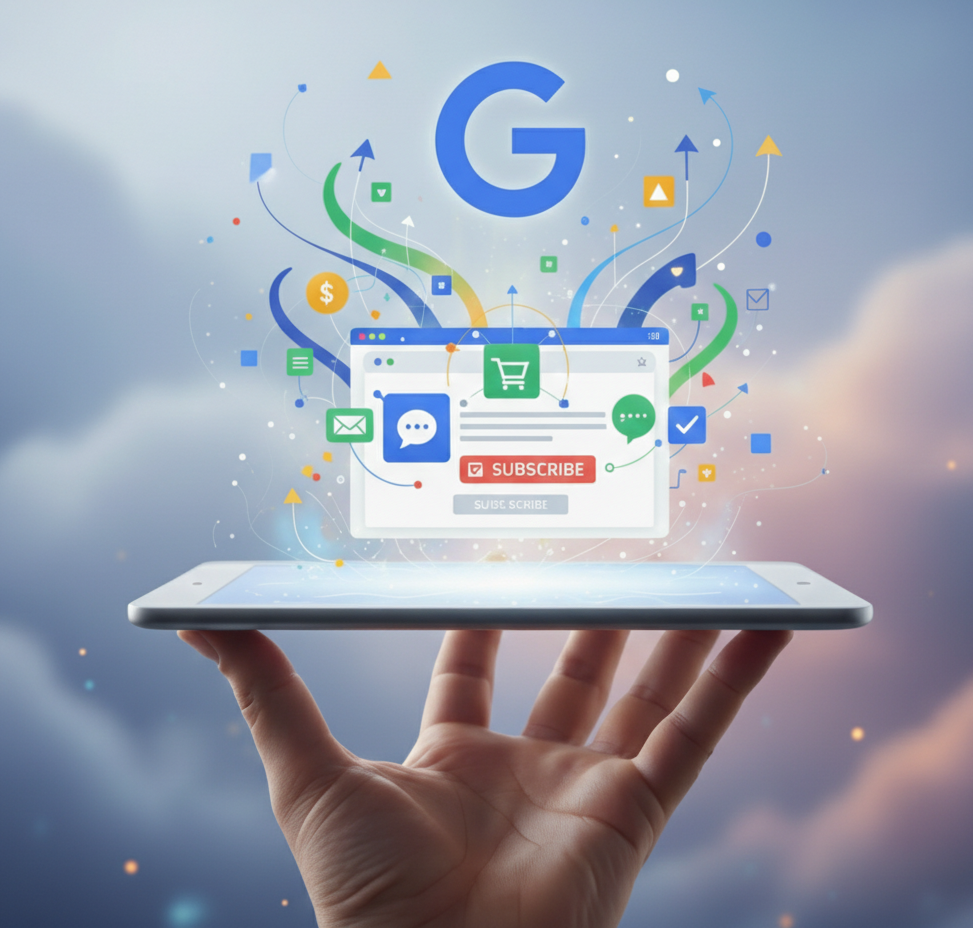 main tenant une tablette projetant des gmail ads dynamiques.