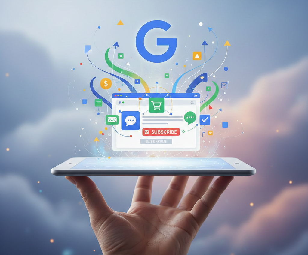 main tenant une tablette projetant l'écosystème publicitaire de google.