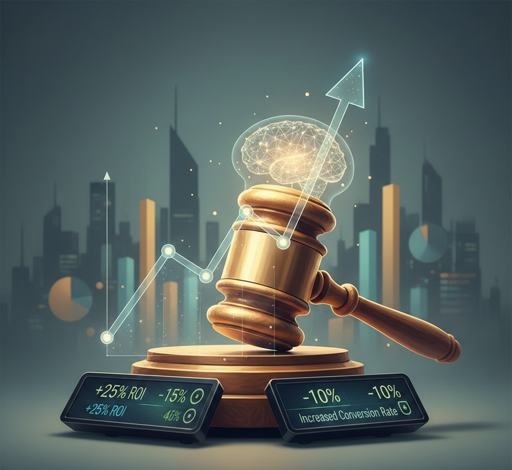 marteau de juge avec cerveau lumineux et graphiques boursiers.